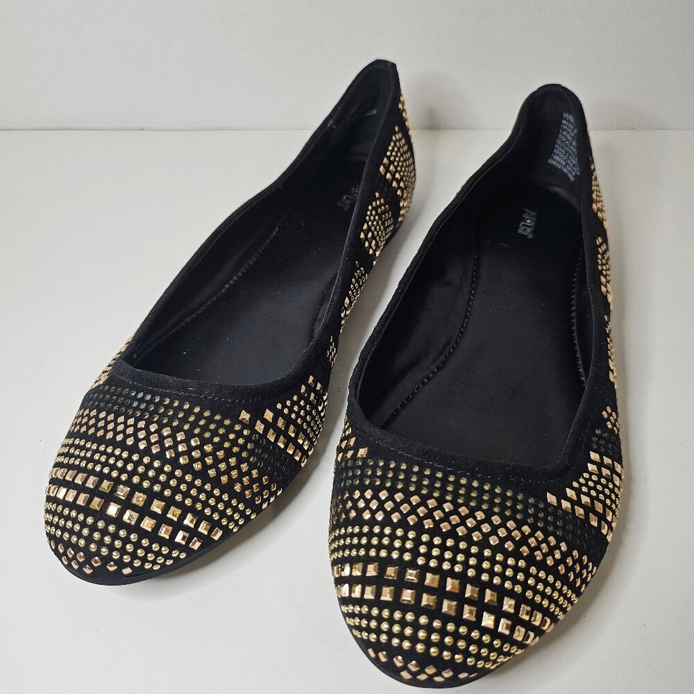 APT.9 Black And Gold Studded Flats Ballerina Comfort Slip On